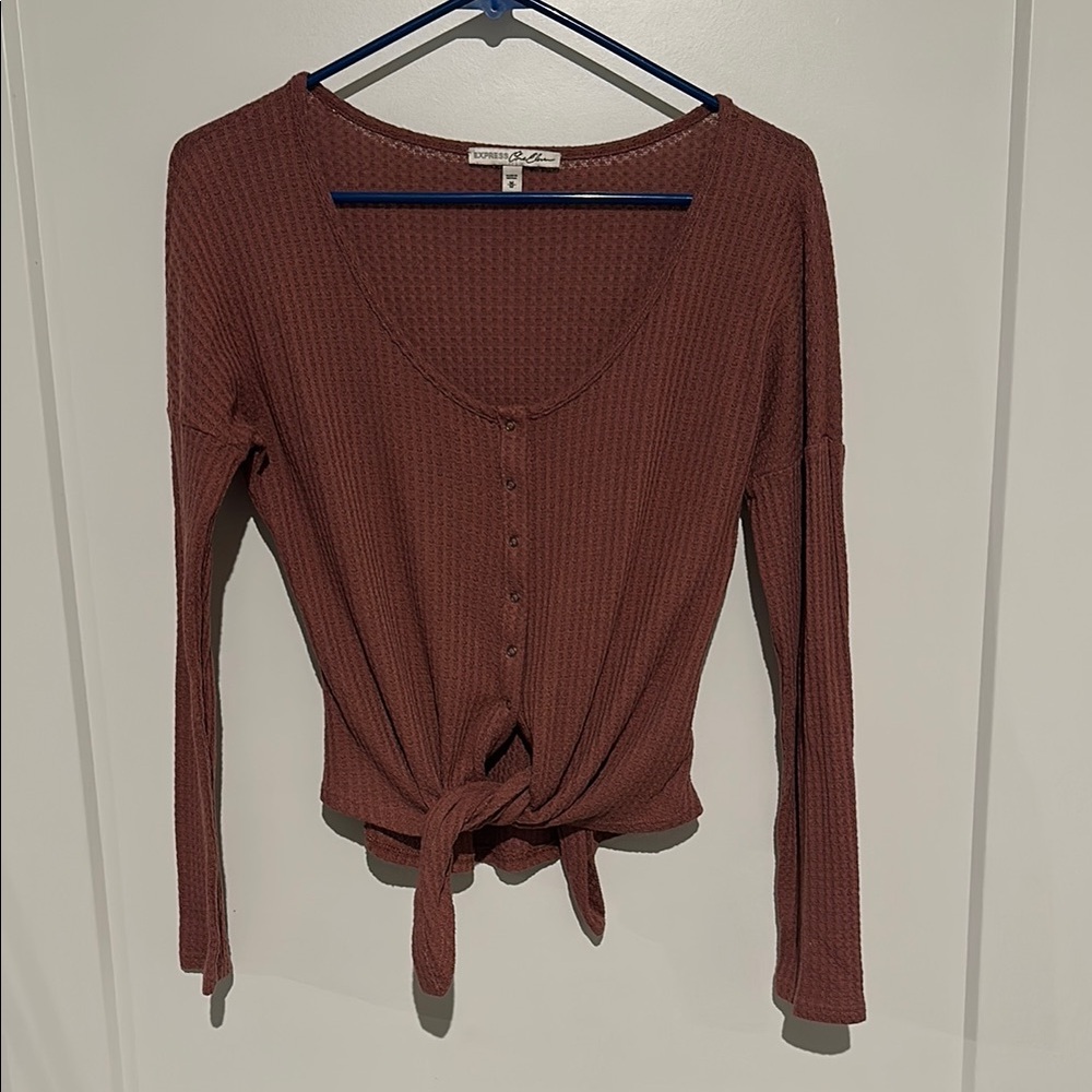 Express Red Long Sleeve Ribbed Tie Front Blouse